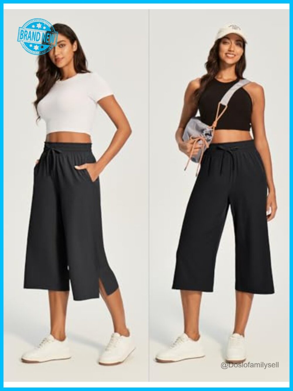 Wide Leg Capri Pants Quick Dry Drawstring High Waisted Gaucho Casual - Picture 5 of 6